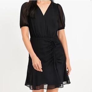 LOFT size 14 Tall black dress side ruched chiffon short sleeve v-neck side zip